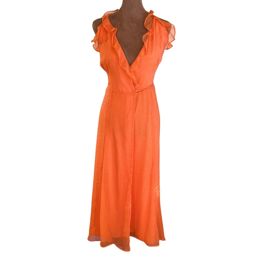 Hutch Shimmer Chiffon Wrap Maxi Dress Orange Ruffle Formal Sample NWT Women S